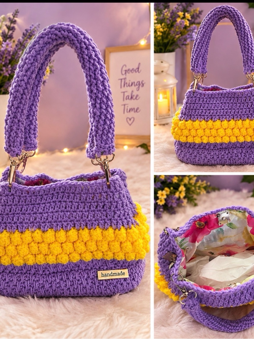 Handmade Purple & Yellow Crocheted Women’s Shoulder Bag